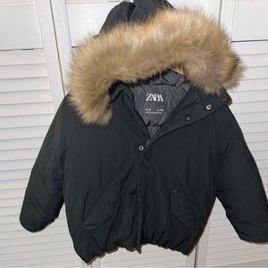 Zara Kids Black Puffer Coat with Tan Faux Fur